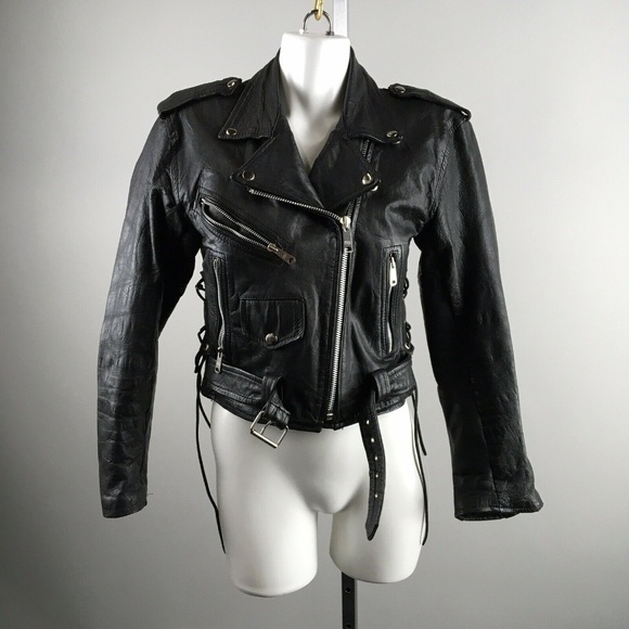 Vintage Jackets & Blazers - Vtg 90s Black Asymmetrical Zip Leather Moto Jacket